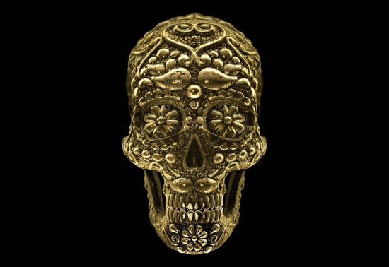 ✅ Skulls • Golden Sugar Skull Dark Canvas 90x60 cm • Foto print op Canvas schilderij ( Wanddecoratie woonkamer / slaapkamer / keuken / kantoor / bar / restaurant ) / Skulls / Schedel Canvas Schilderijen / Poster