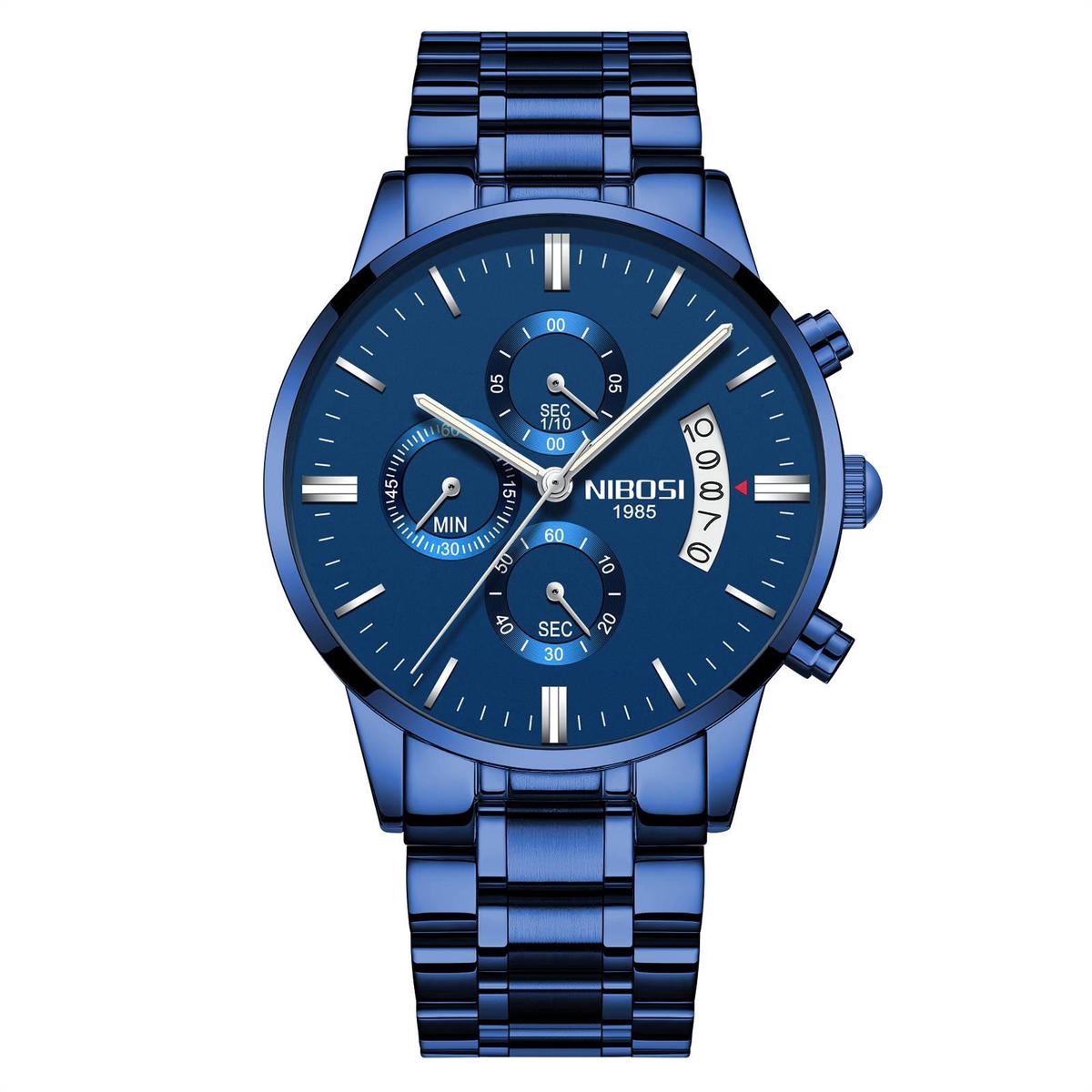 NIBOSI Horloges voor mannen - Horloge mannen - Luxe Blauw Design - Heren horloge - Ø 42 mm - Blauw - Roestvrij Staal - Waterdicht tot 3 bar - Chronograaf - Geschenkset met verstelbare pin