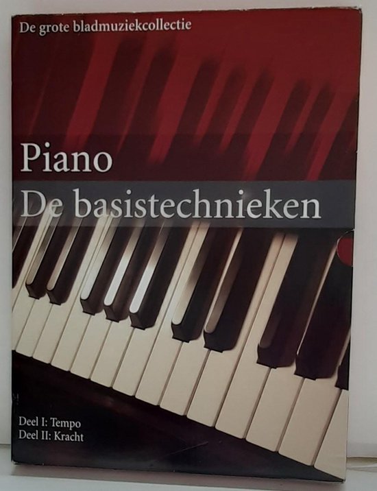 Boek 'Piano De basistechnieken' met deksel van een pianoklavier in close-up.