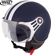 VINZ Fiori Jethelm Marine Blauw met Witte Strepen / Scooterhelm / Brommerhelm / Motorhelm / Fashionhelm voor Scooter / Vespa / Brommer / Motor