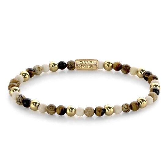 Armband met crème, bruine en zwarte kralen, afgewisseld met gouden kralen. Gouden tussenstuk met "REBEL & ROSE" gravure.