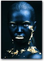 MN Collections - Schilderij - Face Photography. - Zwart, Blauw En Goud - 100 X 70 Cm