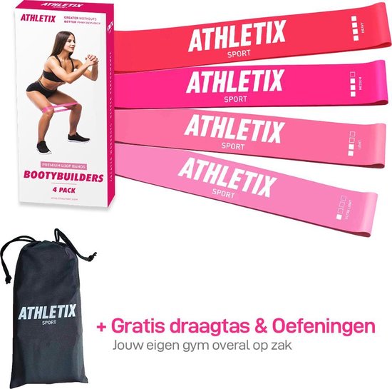 Athletix® - Roze Weerstandsbanden Set - 4 Resistance bands - Booty Bands met Gratis Draagtas en Oefeningen - Athletix®