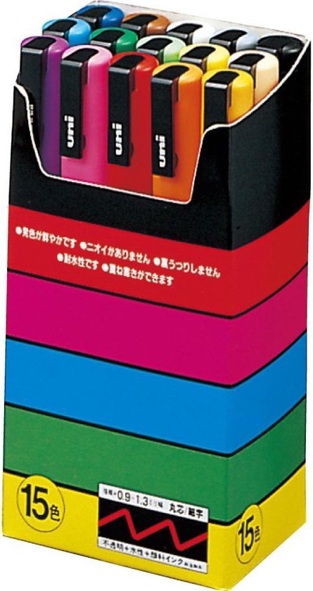 Posca Uniball Pigmentmarker PC3M, etui van 15 stuks, diverse kleuren