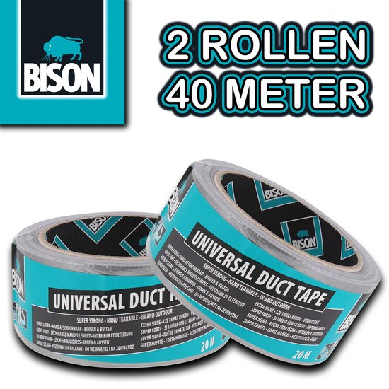 Twee rollen Bison Universal Duct Tape in de kleur zilver. De tape is 40 meter lang en heeft een blauw met witte bedrukking.