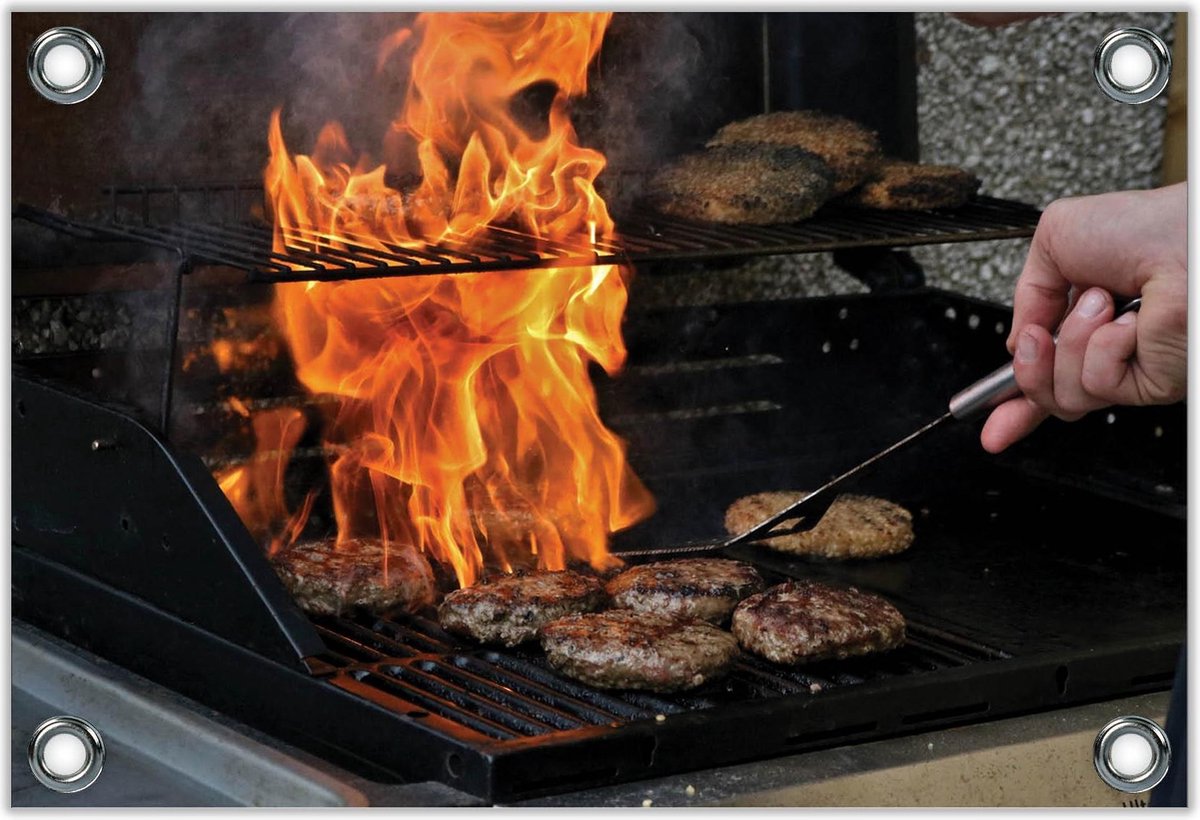 Tuinposter –Burgers en Vuur op de Barbecue – 60x40 Foto op Tuinposter (wanddecoratie voor 