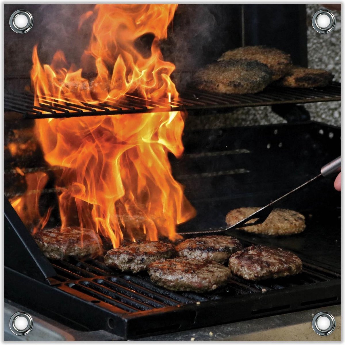 Tuinposter –Burgers en Vuur op de Barbecue – 50x50 Foto op Tuinposter (wanddecoratie voor 