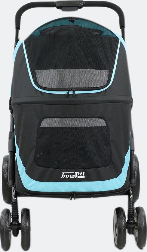 Blauw-zwarte hondenbuggy met mesh vensters en het InnoPet logo.