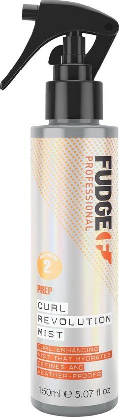 Fudge Professional Curl Revolution Mist fles met spuitmond, "Curl Enhancing Mist" tekst.