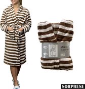 Sorprese - luxe badjas - middenbruin en wit gestreept - badjas - micro fleece - badjas dames - badjas heren - maat S/M