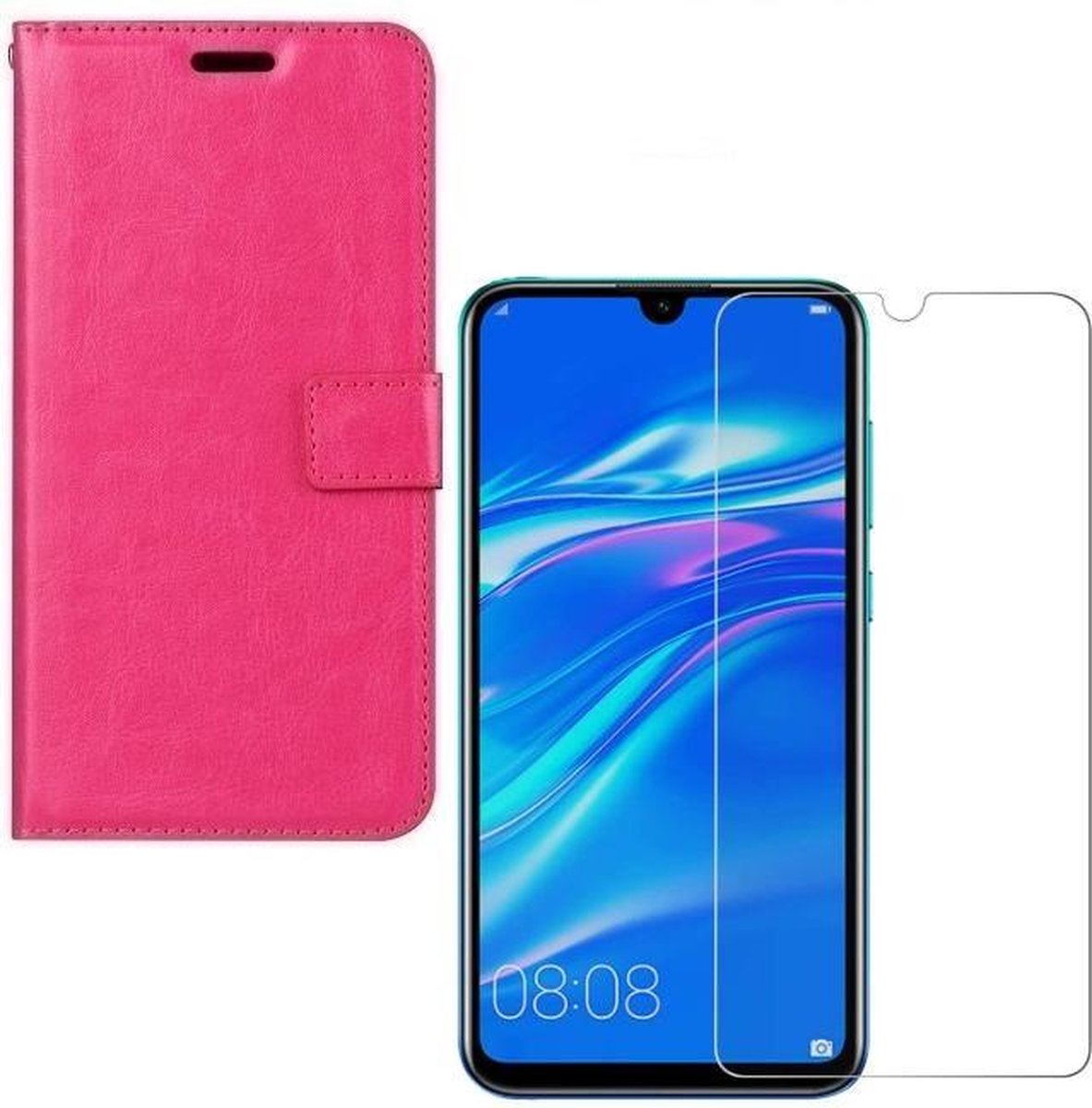 hoesje Geschikt voor: Huawei Y5 (2019) Portemonnee roze met 2 stuks Glas Screen protector