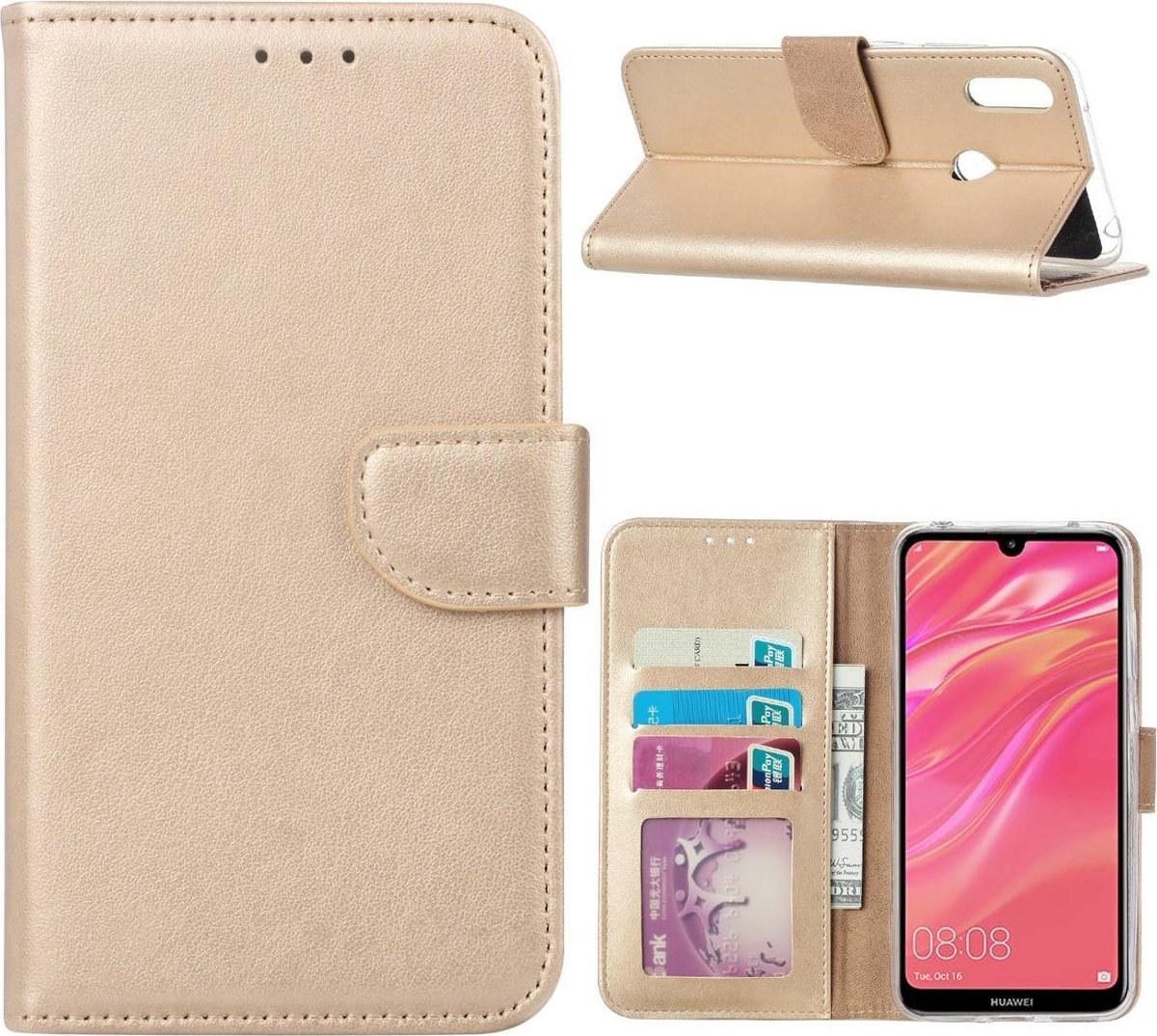 Bookcase Geschikt voor: Huawei Y7 2019 - Goud - portemonnee hoesje