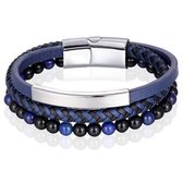 Heren armband Memphis Tijgeroog kraal gevlochten leer Zilverkleurig Blauw - 19cm