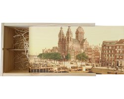 Wijnkist - Oud Stadsgezicht Amsterdam - St. Nicolaaskerk Prins Hendrikkade - Oude Foto Print op Houten Kist - 19x36 cm
