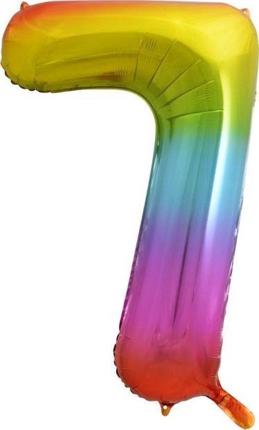 Folie ballon XL cijfer 7 regenboog kleuren is + - 1 meter groot  groot inclusief een flamingo sleutelhanger