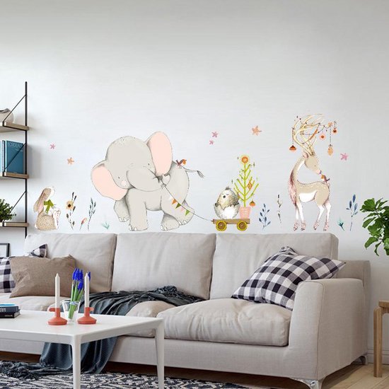 decalmile Roze Heteluchtballon Dieren Muur Stickers Bloemen Ballonnen Olifant Hert Vos Muurstickers Meisjes Kamer Baby Kinderkamer Slaapkamer Muur Decor