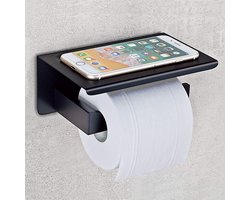 HomeBasics Toiletrolhouder Met Telefoonplankje | Mat Zwart | RVS | Toiletpapierhouder zwart | Telefoon | Mobiel | Badkamer accessoires | Planchet |