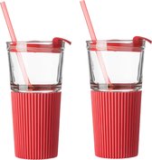 Drinkbeker glas met Rode rubber Grip  - mason jar -  set 2 stuks