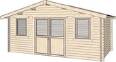Blokhut Haarlem, steigerhoutgrijs geimpregneerd, wanddikte 28 mm 500x450 cm