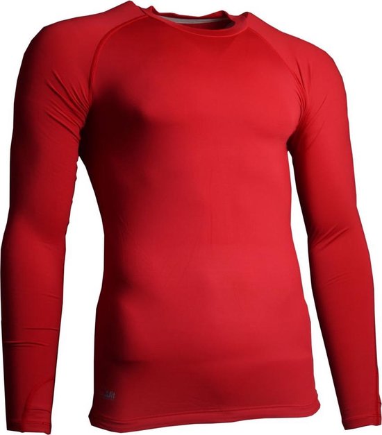 T-shirt thermique rouge moulant à manches longues et col rond. Le logo 'precision fit' est visible sur l'ourlet.