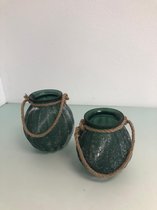 Groene ronde kandelaar met touw handvat. 2 stuks