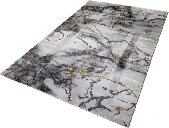 Flycarpets Carrara Modern Vloerkleed - Marmer Design - Kleur: Grijs / Goud - Afmeting: 200x290cm