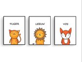 Postercity - Canvas Poster set Blije Leeuw Tijger Vos met Tekst / Safari Dieren / Kinderkamer / Dieren Poster / Babykamer - Kinderposter / Babyshower Cadeau / Muurdecoratie / 40 x 30cm / A3