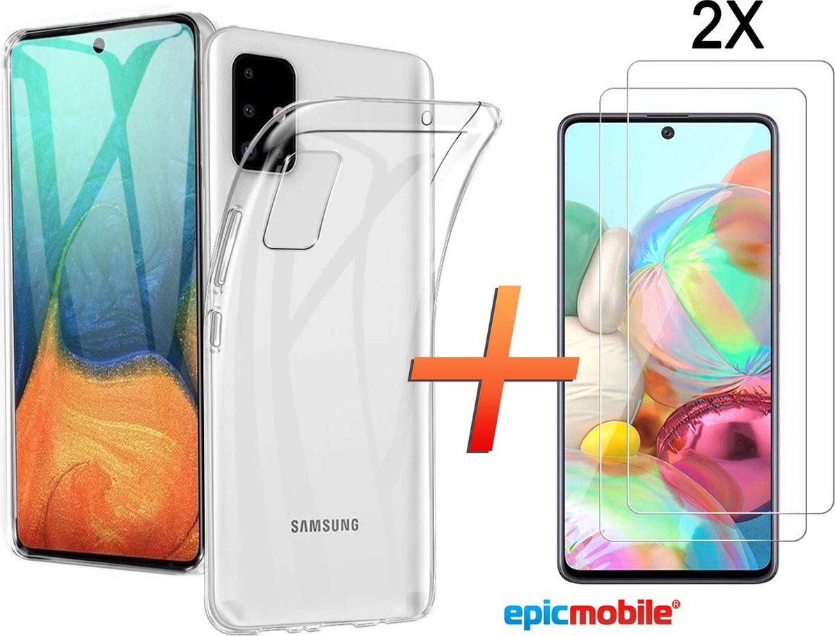 Samsung Galaxy A71 Hoesje - Transparant Siliconen Back Cover met 2X Screenprotector - Tempered Glass - Epicmobile