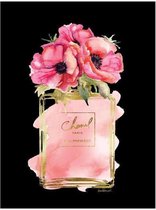 Glasschilderij - afbeelding Chanel fles met klaprozen - 60x80cm - zwart met goudfolie