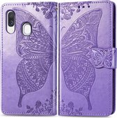 Butterfly Love Flowers Embossing Horizontale Flip Leather Case voor Galaxy A40, met houder & kaartsleuven & portemonnee & lanyard (lichtpaars)