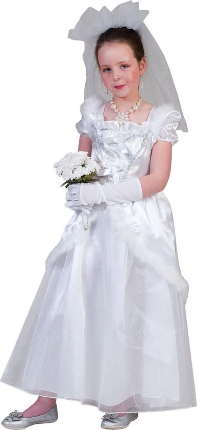 Funny Fashion - Feesten & Gelegenheden Kostuum - Mini Bruidje In Het Wit - Meisje - Wit / Beige - Maat 104 - Carnavalskleding - Verkleedkleding