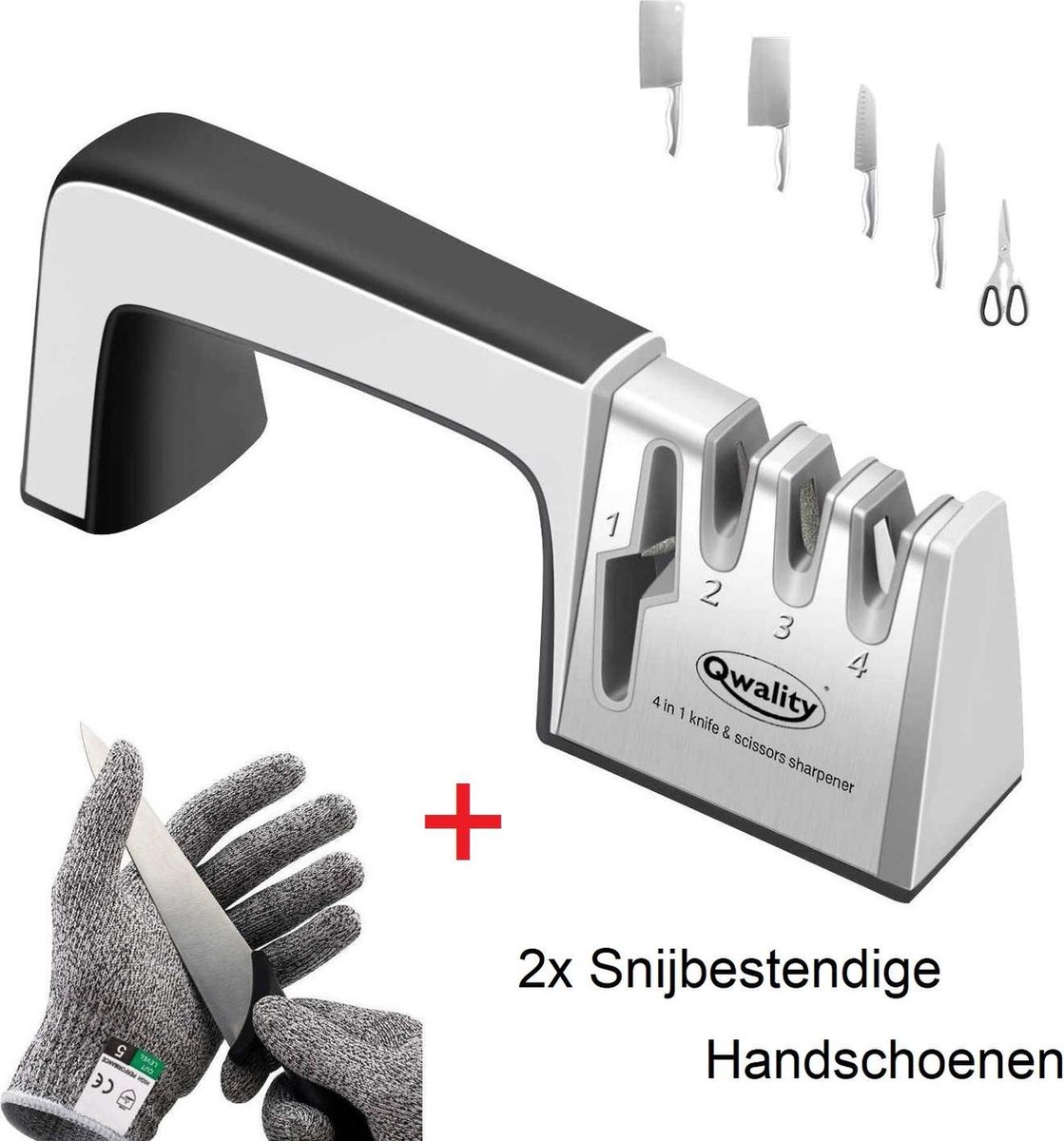 Messenslijper – Doortrekslijper Set - Messen en Scharen Slijpen - Scharenslijper - 4-in-1 – INCLUSIEF 2x Snijbestendige Handschoen - Qwality - Qwality