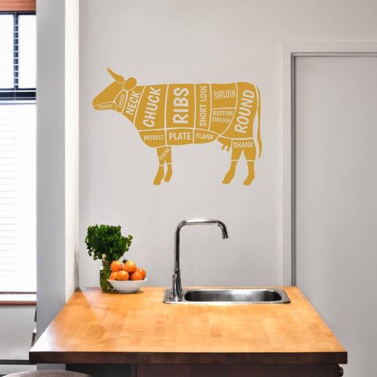 Muursticker Koe Met Benaming - Goud - 120 x 80 cm - keuken alle