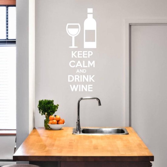 Muursticker Keep Calm And Drink Wine - Wit - 29 x 80 cm - engelse teksten woonkamer keuken