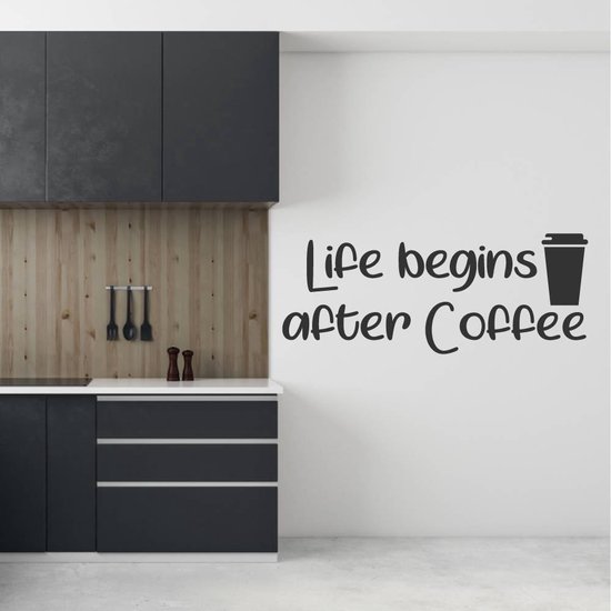 Muursticker Life Begins After Coffee - Zwart - 160 x 63 cm - taal - engelse teksten keuken bedrijven alle