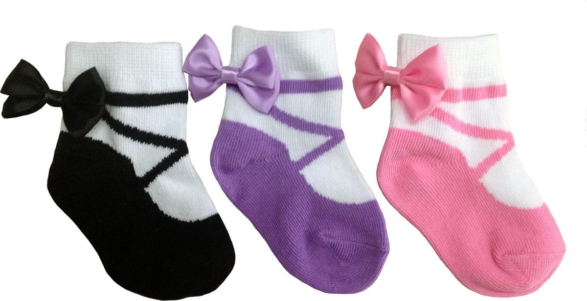 Baby Emporio-Ballerinas: 3 paar sokjes voor baby meisje 0-12 maanden. Satijnen strikjes -Anti slip zooltjes-Kraamcadeau-Baby shower-Cadeau verpakking