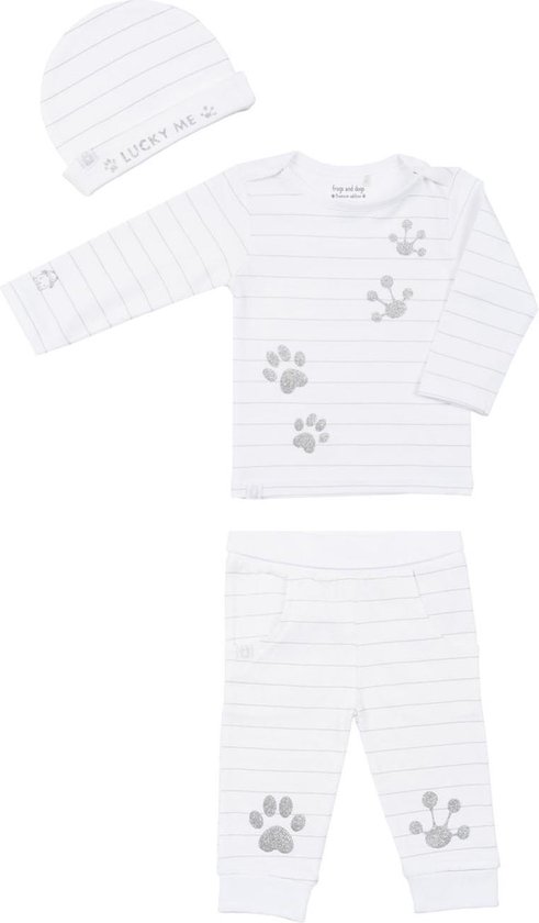 Grenouilles et chiens - cadeau de maternité - bébé - fille - pantalon + chemise porte-bonheur + bonnet - paillettes - rayure / blanc - taille 62