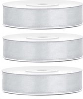3x Hobby/decoratie zilveren satijnen sierlinten 1,2 cm/12 mm x 25 meter - Cadeaulinten satijnlinten/ribbons - Zilveren linten - Hobbymateriaal benodigdheden - Verpakkingsmaterialen