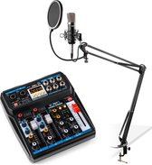 Podcast starterset - Vonyx podcast starterset met CMS400 studiomicrofoon met verstelbare microfoonarm en VMM-P500 USB mixer met Bluetooth - Complete set, plug-and-play!
