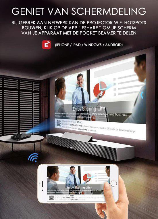 Reflex - Pocket Beamer® Premium T911 - IOS & Android 7.1 - Wi-Fi - Mini Beamer - Mini Projector - Mobile Smart Projector - Zakbeamer - Reflex