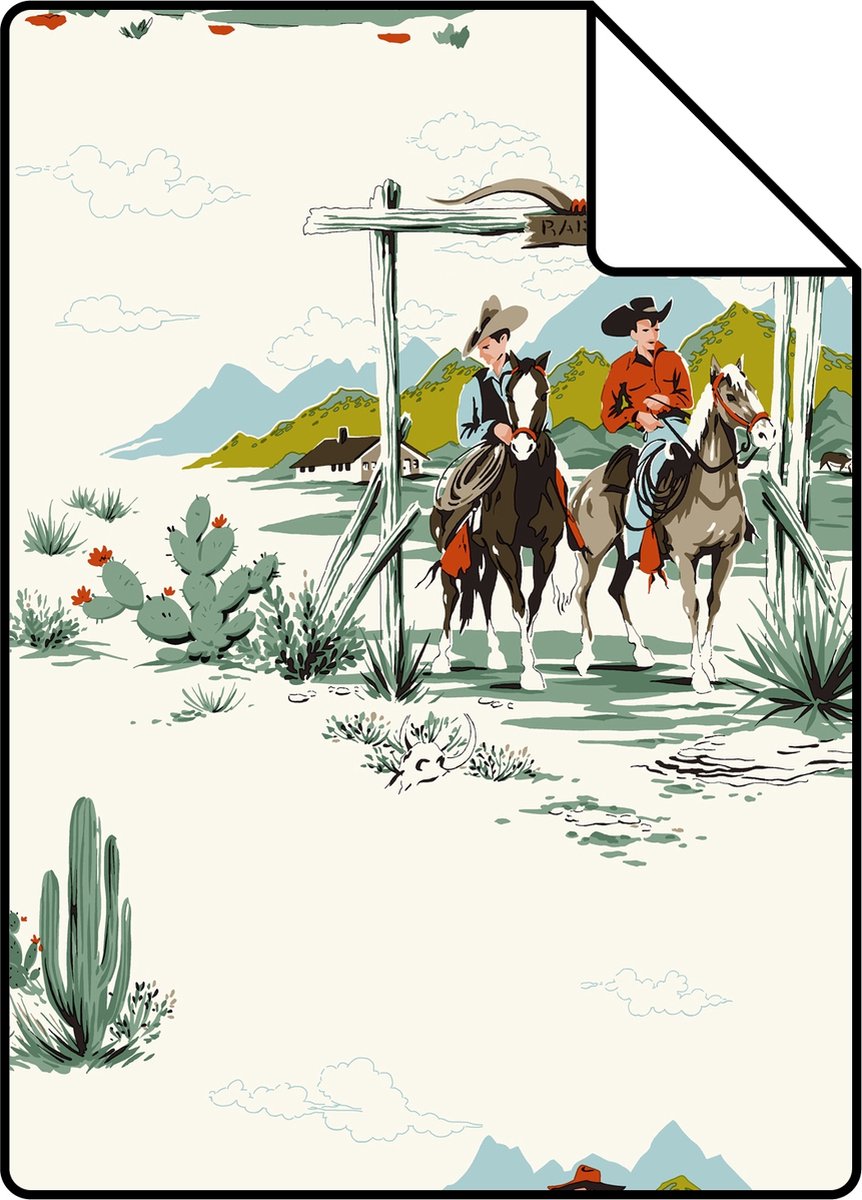 Proefstaal ESTAhome behang cowboys mintgroen en oranje - 26.5 x 21 cm - 128717-S