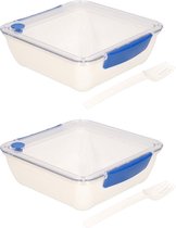 2x Transparant/blauwe lunchboxen met vorkje 1000 ml - Voedselbewaar trommel/broodtrommel