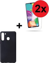 Samsung Galaxy A21 hoes TPU Siliconen Case hoesje Zwart + 2x Screenprotector Tempered Gehard Glas (2 stuks) Pearlycase
