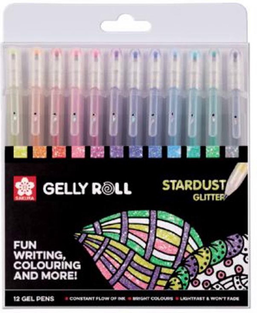 Sakura Gelly Roll Stardust Glitter Set van 12 Gelpennen verpakt in een Zipperbag + 25 Vel Zwart Papier