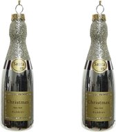 2x Kersthangers figuurtjes champagne fles 12 cm - drank thema kerstboomhangers
