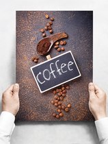 Wandbord: Koffiebonen met tekst op een roestige achtergrond - 30 x 42 cm
