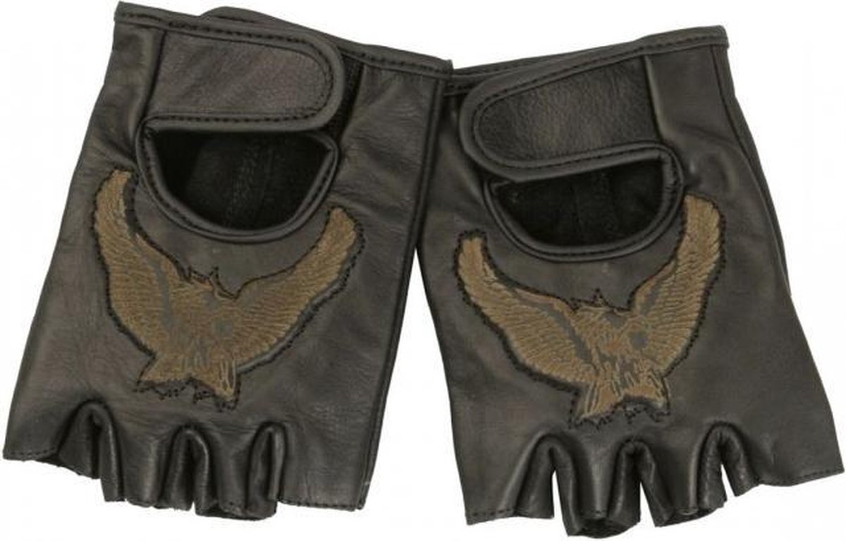 Leren handschoenen zonder vingers (mofjes) met Adelaar afbeelding maat XL