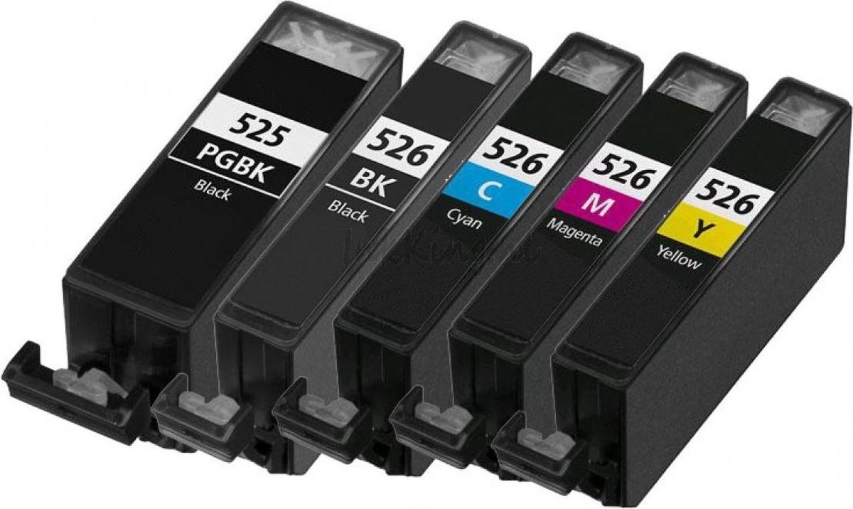 Huismerk Cartridge XL! Canon PGI-525 + CLI-526 multipack 2 x zwart + 3 kleuren inclusief chip iX6500,iX6550, iX6550, MX715, MX882, MX885, MX895, MG5100, MG5120, MG5150, MG5200, MG5250, MG5300, MG5350, iP4800, iP4850, iP4850, iP4900, iP4950, iP6500