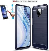 Xiaomi Redmi Note 9 Pro / 9S / Max / Carbone Brushed Tpu Blauw Cover Case Hoesje - 1 x Tempered Glass Screenprotector CTBL