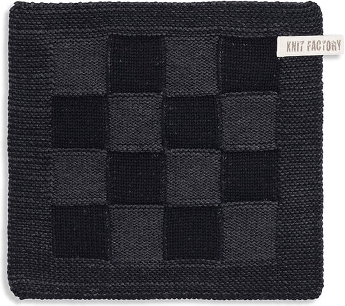 Knit Factory Gebreide Pannenlap Block - Pannenlappen gemaakt van 50% katoen & 50% acryl - Blokken motief - Traditionele look - 1 stuk - Zwart/Antraciet - 23x23 cm - Knit Factory